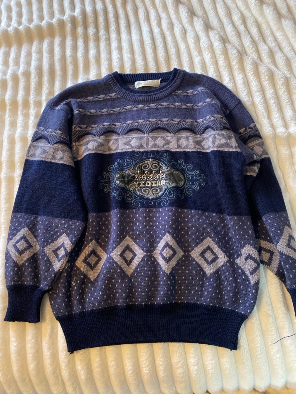 Men's Navy and Light Gray Patterned Knit Sweater